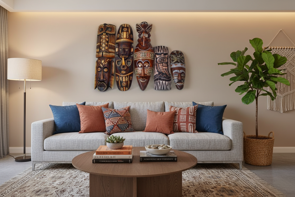 African-Style Carved Wood Mask — Wall Hanging