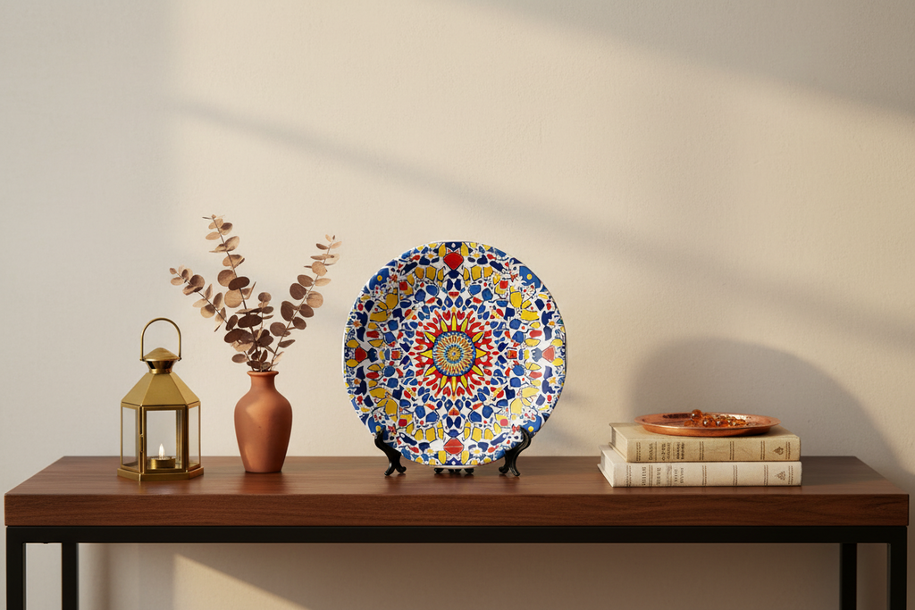 Moroccan Mandala Ceramic Plate — Geometric Hanging Wall Art