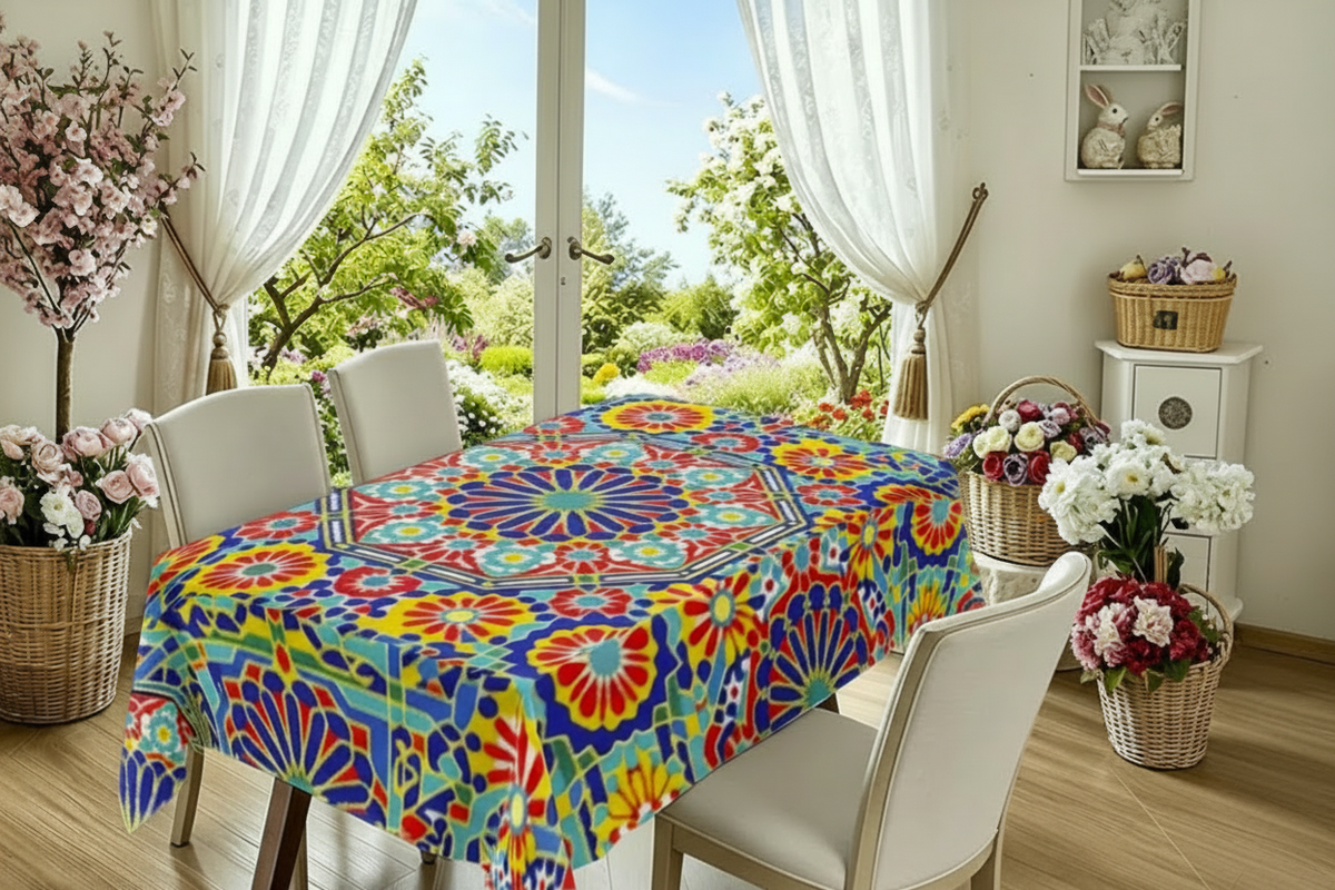 Moroccan Zellige Tile Tablecloth — Vibrant Geometric Floral Table Cover