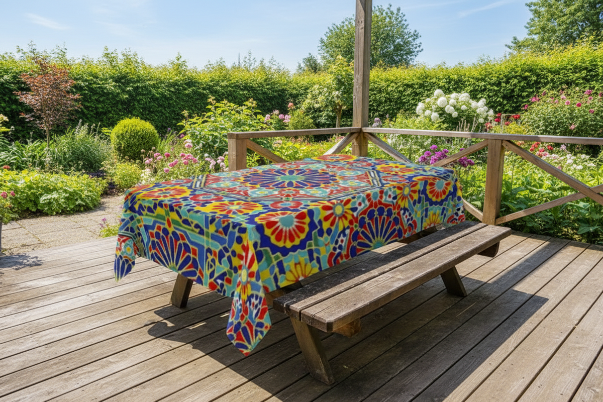Moroccan Zellige Tile Tablecloth — Vibrant Geometric Floral Table Cover