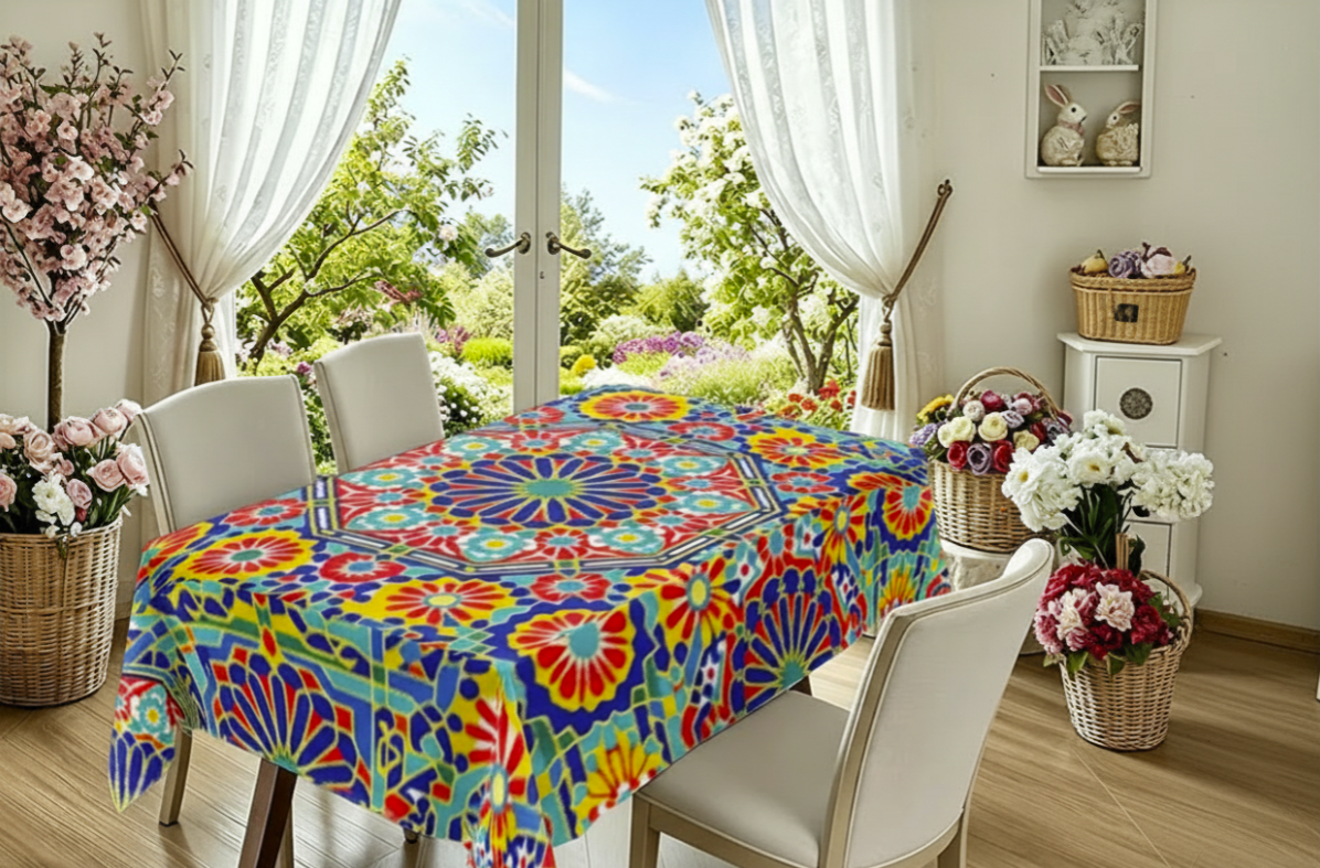 Moroccan Zellige Tile Tablecloth — Vibrant Geometric Floral Table Cover