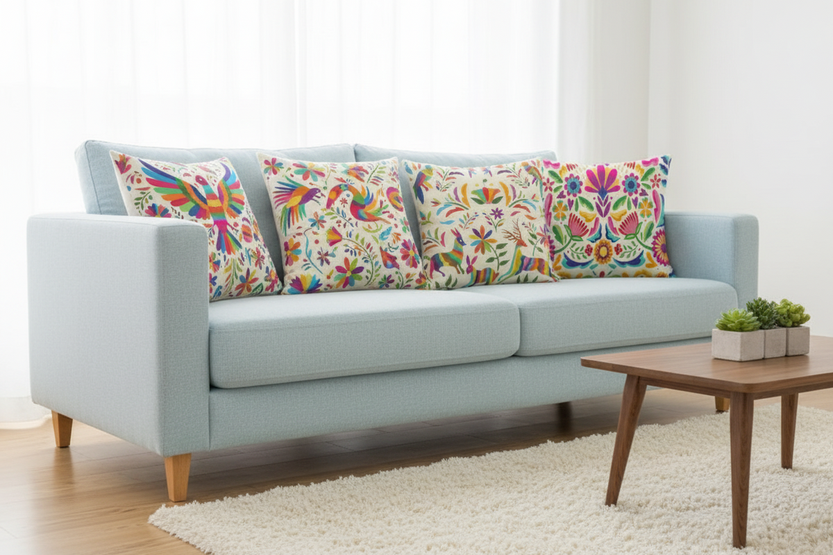 Otomi-Inspired Bird & Floral Pillow Cover — Mexican Folk Art Cushion Cover