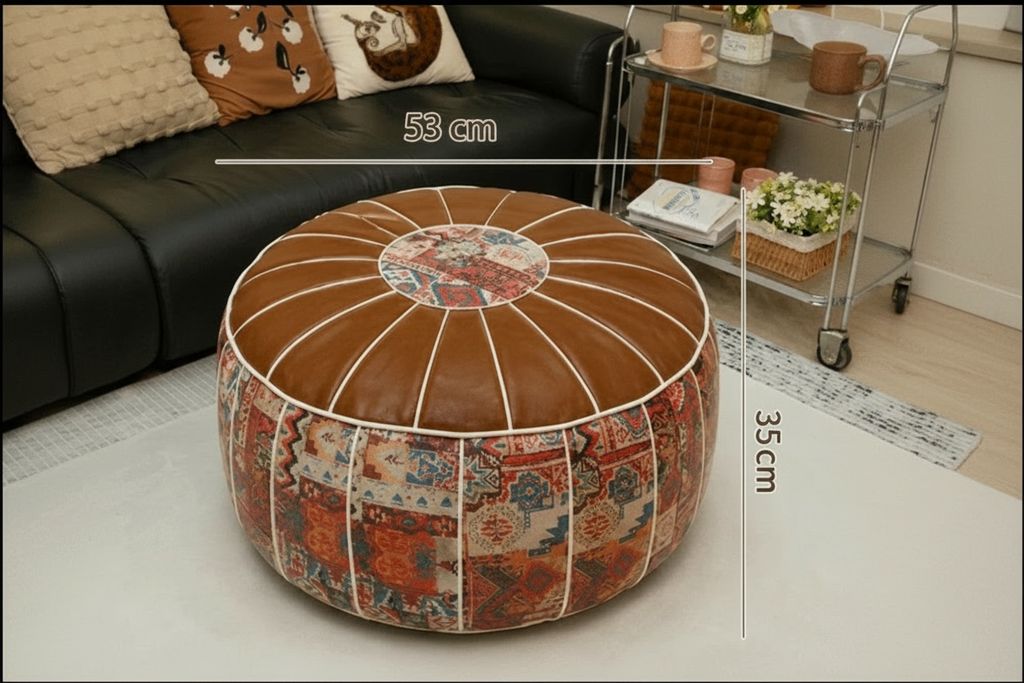 Moroccan-Style Round Ottoman Pouf Cover – Fillable Faux Leather Floor Seat, Boho Pattern Storage Stool