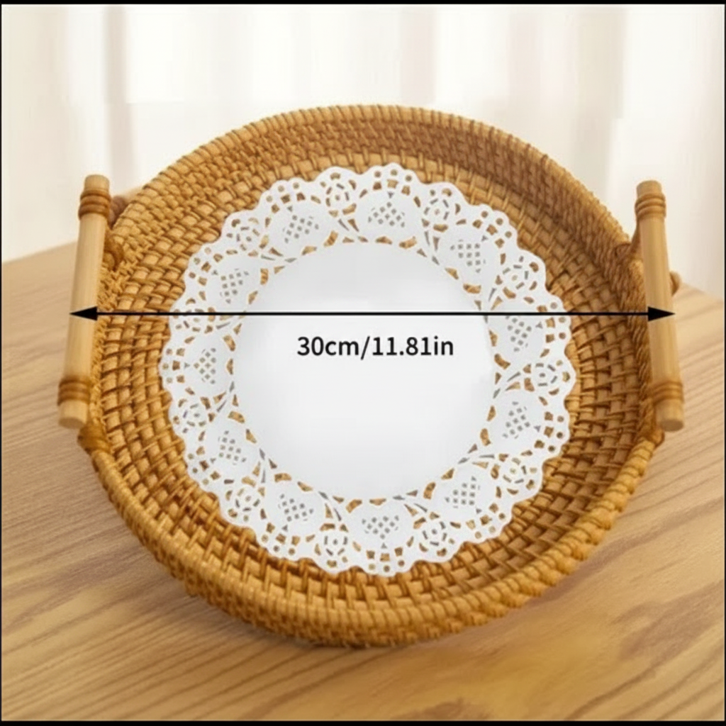 Rattan Woven Round Tray — Handcrafted Fruit & Snack Basket