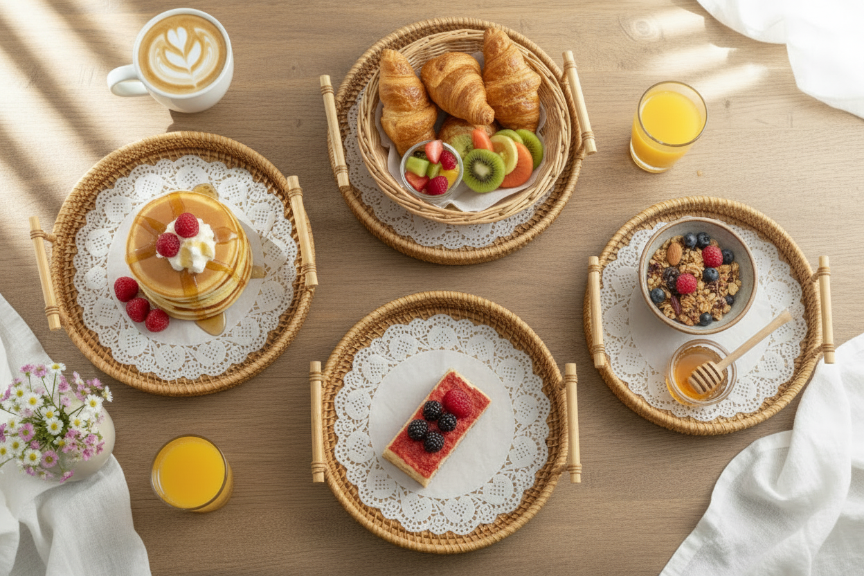 1PC Rattan Bread Storage Woven Snacks Fruit Round Tray Picnic Binaural Tray Living Room Table Finishing