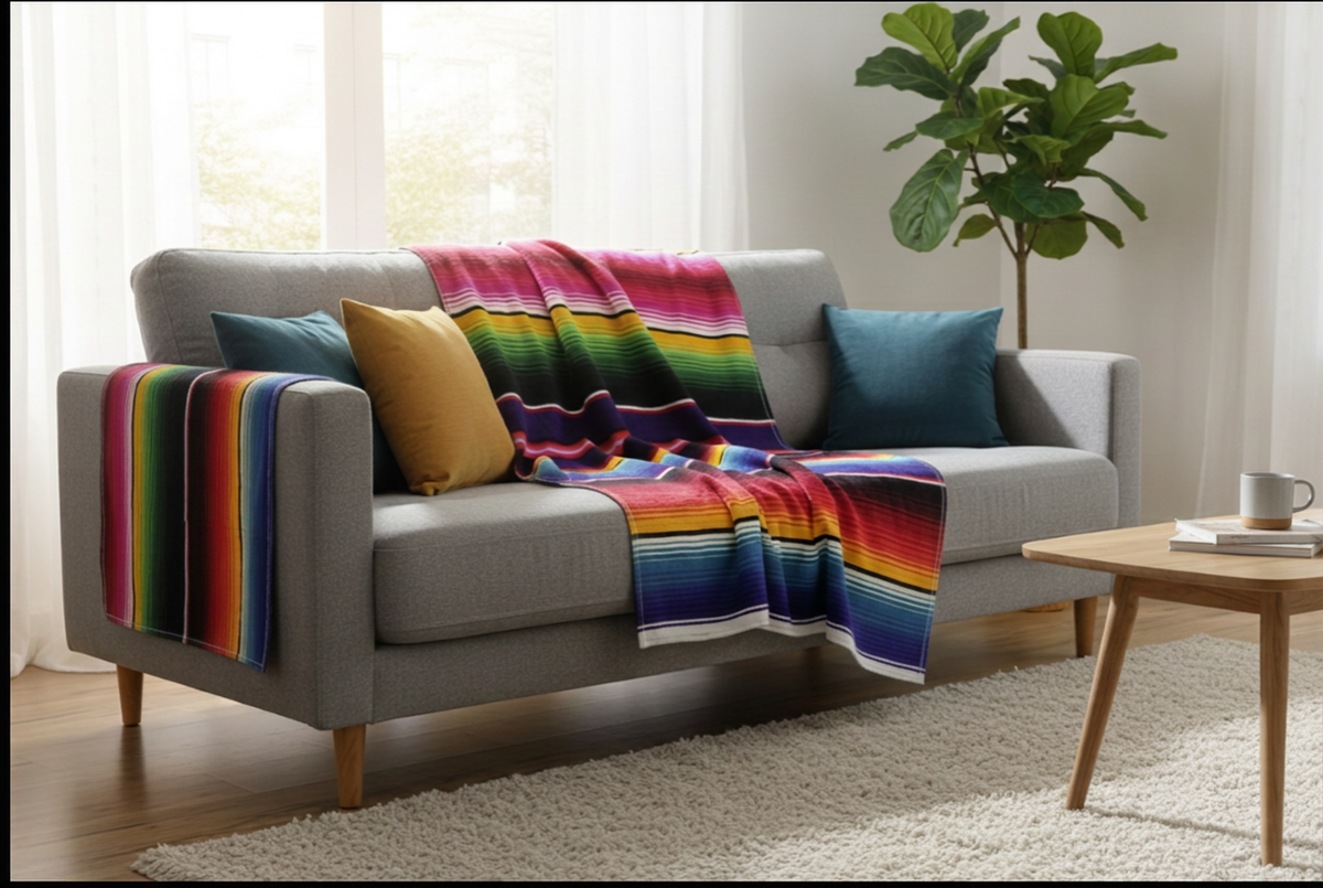 Mexican Serape Striped Throw Blanket — Colorful Boho Décor