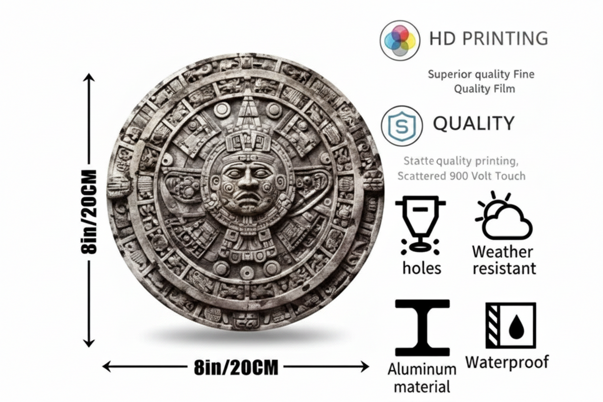 Aztec Sun Stone Wall Plaque – Aluminum HD-Printed Wall Art, 8x8 Inch Rustic Home Decor