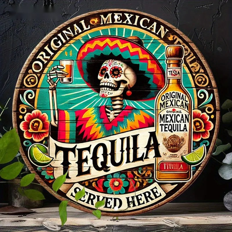 Day of the Dead Tequila Sugar Skull Sign — Round Aluminum Wall Plaque