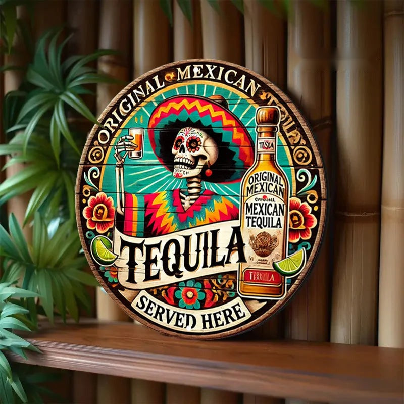 Day of the Dead Tequila Sugar Skull Sign — Round Aluminum Wall Plaque