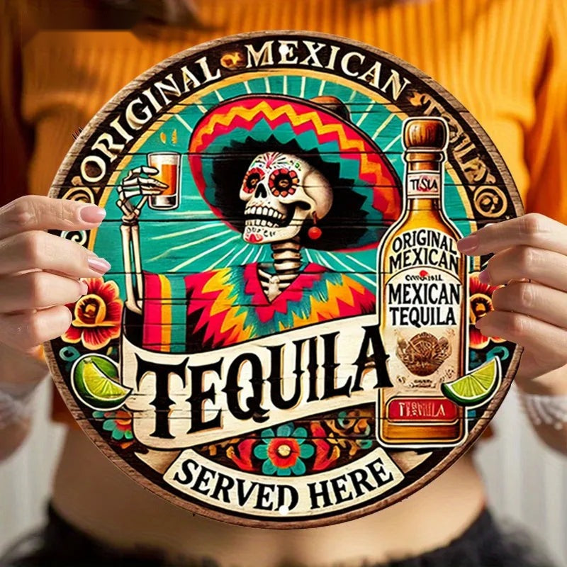 Day of the Dead Tequila Sugar Skull Sign — Round Aluminum Wall Plaque