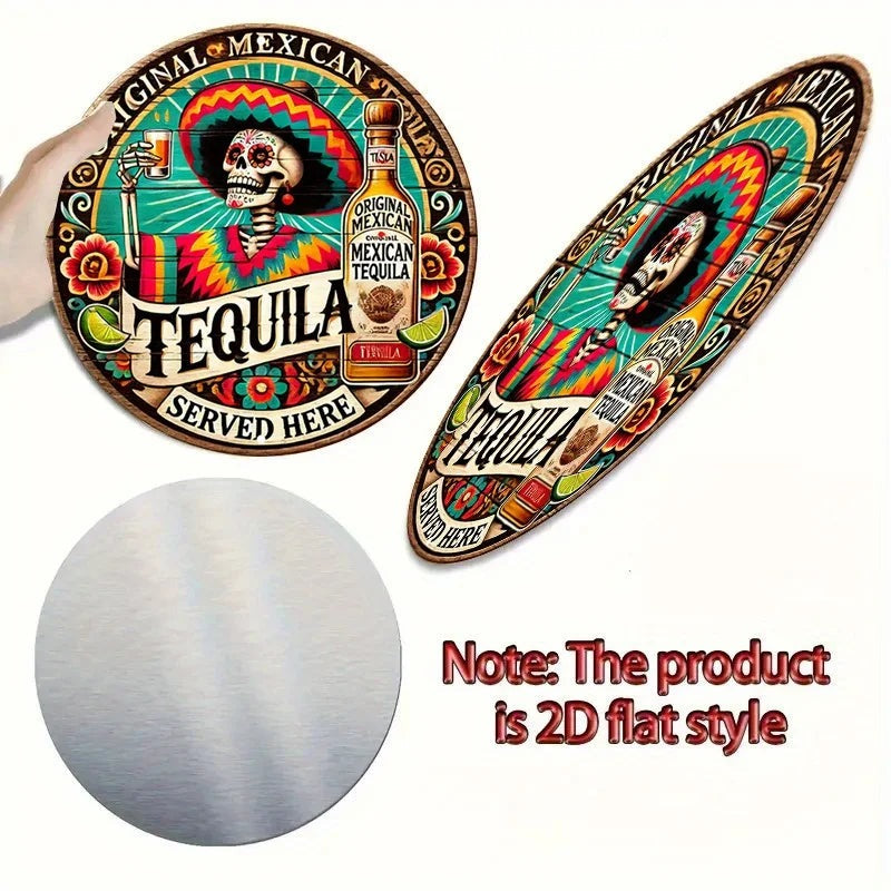 Day of the Dead Tequila Sugar Skull Sign — Round Aluminum Wall Plaque