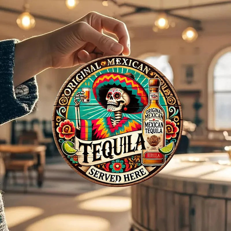 Day of the Dead Tequila Sugar Skull Sign — Round Aluminum Wall Plaque