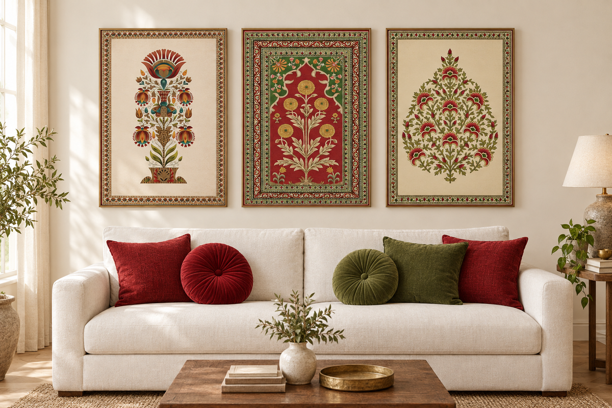 Mughal-Style Floral Botanical Wall Art Print — Indian Home Décor