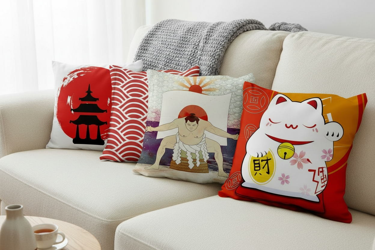 Lucky Cat & Mount Fuji Cushion Cover — Japanese Art Pillow