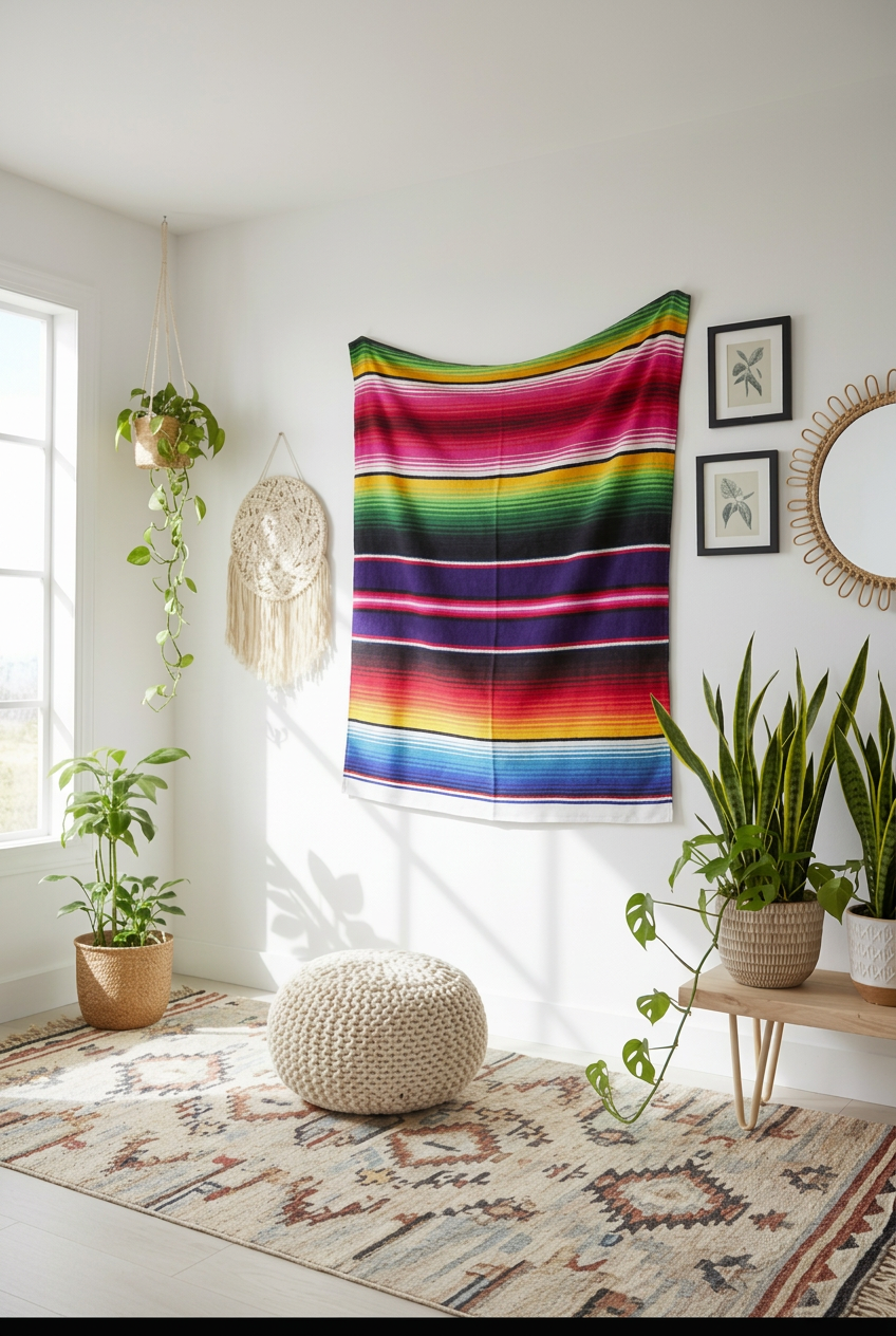 Mexican Serape Striped Throw Blanket — Colorful Boho Décor